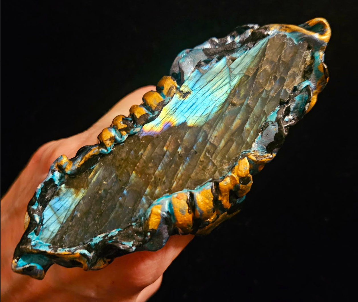 Labradorite Sculpted Two Finger Statement Ring, Flashy Spectrolite Hand Ring, Blue Gray & Gold Gemstone Slab Finger Candy