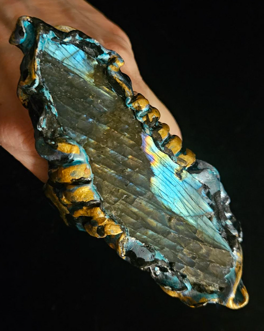 Labradorite Sculpted Two Finger Statement Ring, Flashy Spectrolite Hand Ring, Blue Gray & Gold Gemstone Slab Finger Candy