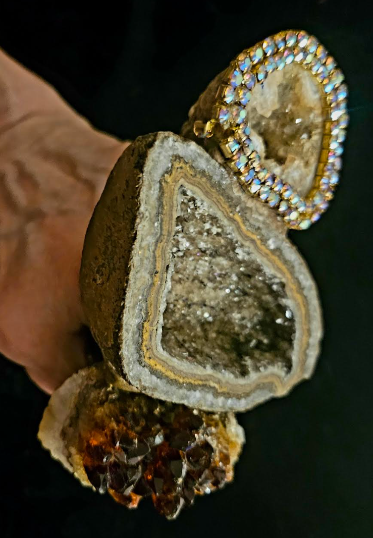Massive Earthy Druzy Geode & Gemmy Citrine Two Finger Hand Ring, OOAK Crystal Oversized Statement Ring for Men