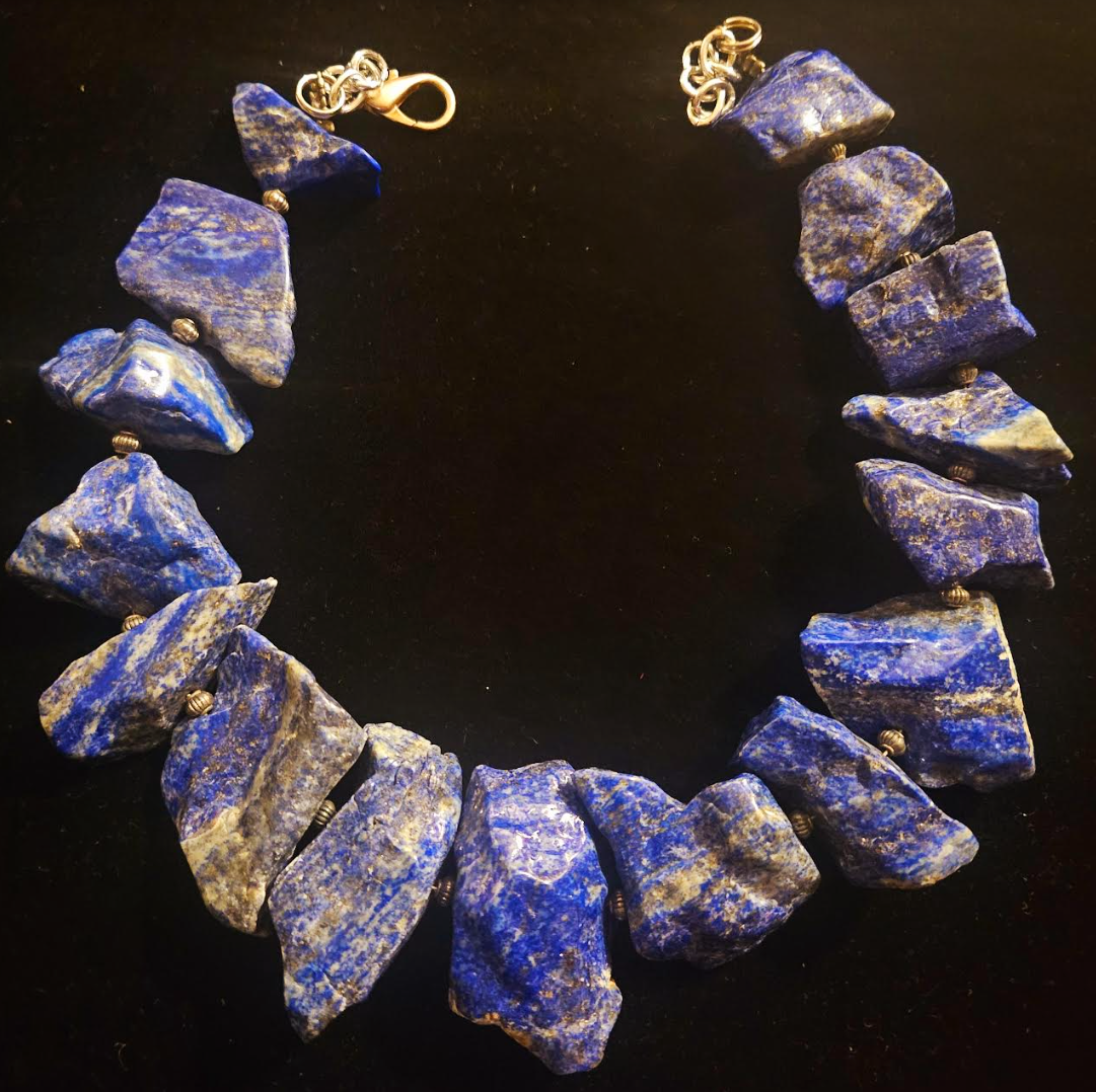 Lapis Lazuli Polished Nugget Collar, Blue Gray & Gold Asymmetric Stone Statement Necklace, Haute Couture Neck Candy