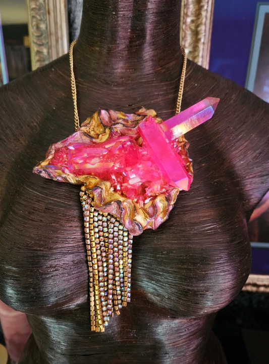 Gemmy Rough Pink Aura Quartz Sculpted Pendant with Citrine Rhinestone Fringe, Fuchsia Crystal Flapper Chest Piece, Gatsby Flapper Jewelry