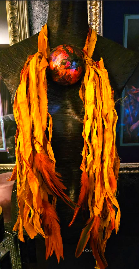 Ombre Orange Sari Silk Feather & Alcohol Ink Beaded Chest Piece, OOAK Wearable Art Distressed Textile Statement Pendant, Alcohol Ink Beads