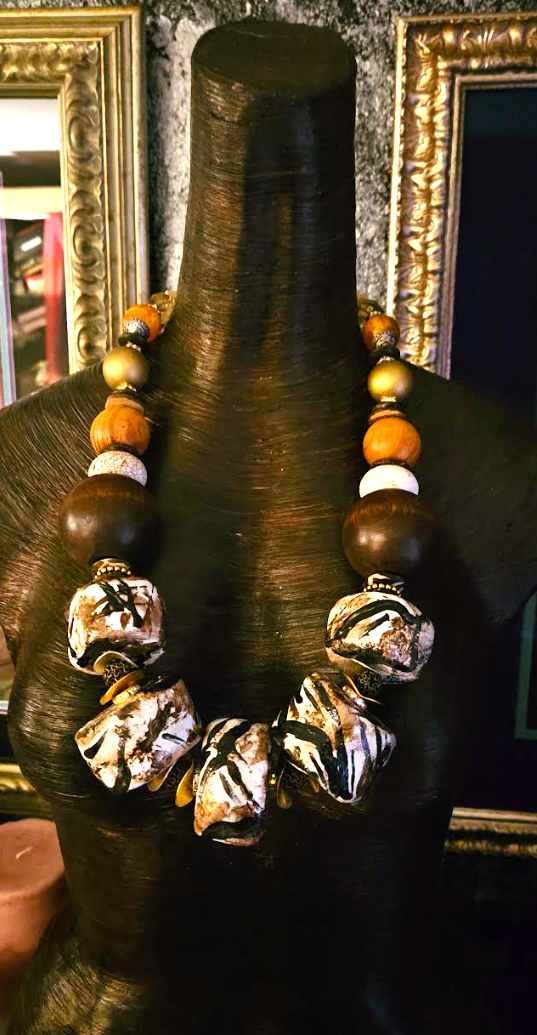Earth Tone Oversized Mixed Beaded Statement Necklace Set, African Inspired Haute Couture Neck Candy for Socialites, OOAK Wearable Art from Kat Kouture