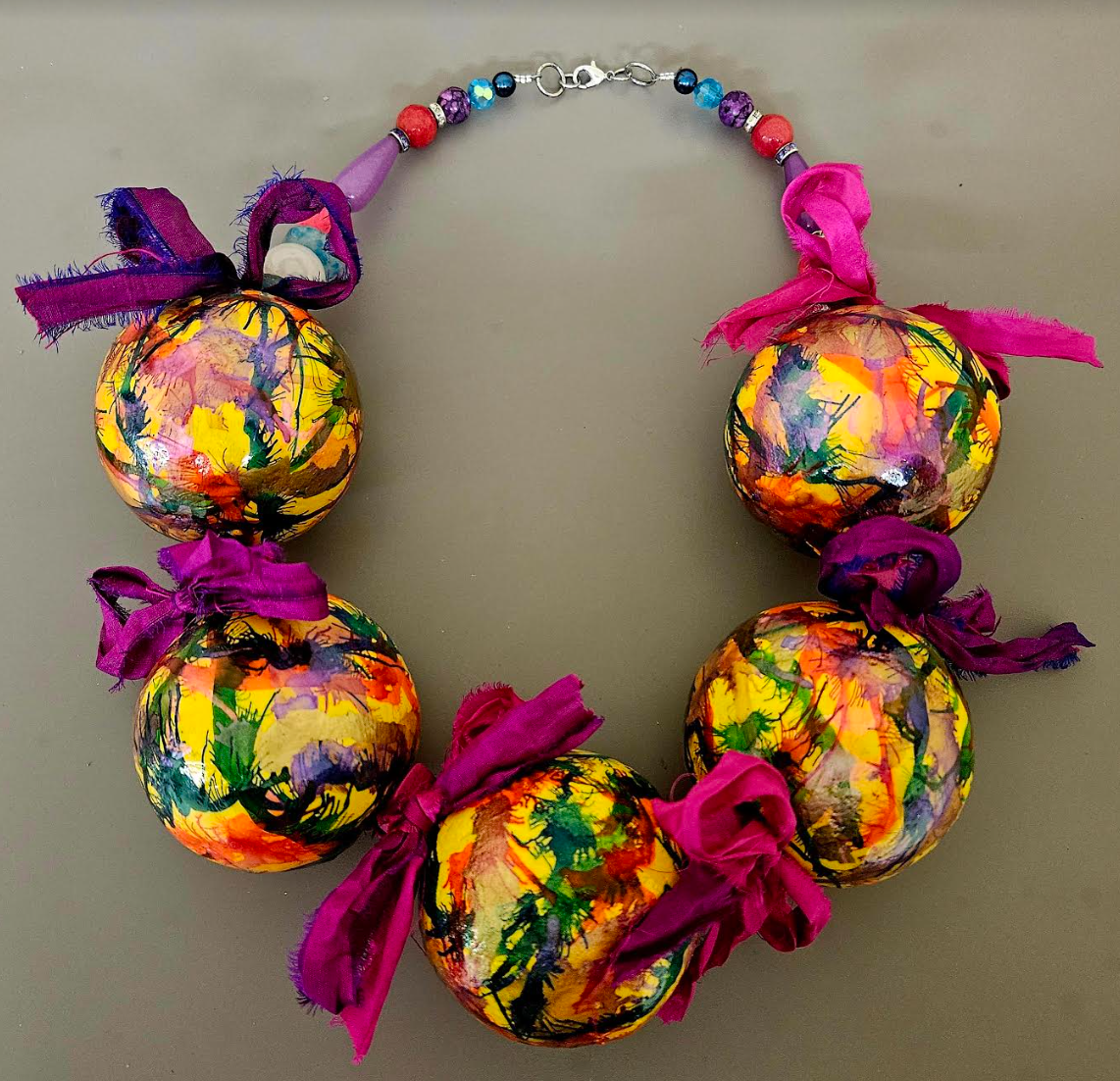 Massive Sculpted Alcohol Ink Ball Chest Piece with Suri Silk Bows, Wearable Art Neck Candy from Kat Kouture, Whimsical Lightweight Orb Statement Necklace