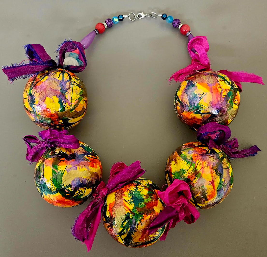 Massive Sculpted Alcohol Ink Ball Chest Piece with Suri Silk Bows, Wearable Art Neck Candy from Kat Kouture, Whimsical Lightweight Orb Statement Necklace