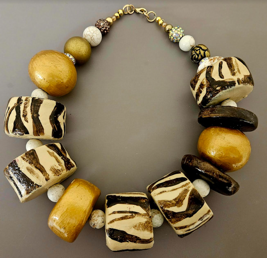 Exotic & Wild Hand Sculpted Oversized Zebra Beaded Statement Necklace, African Inspired Tribal Haute Couture Neck Candy, Beverly Hills Luxury Art Beaded Choker