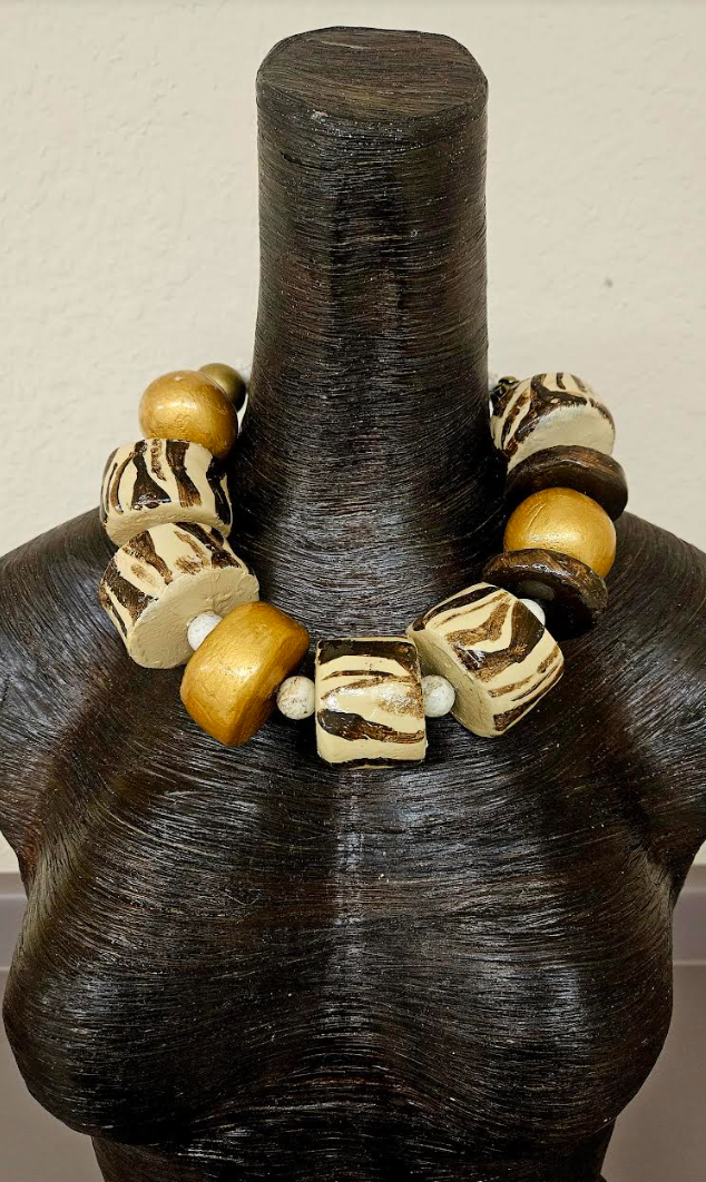 Exotic & Wild Hand Sculpted Oversized Zebra Beaded Statement Necklace, African Inspired Tribal Haute Couture Neck Candy, Beverly Hills Luxury Art Beaded Choker