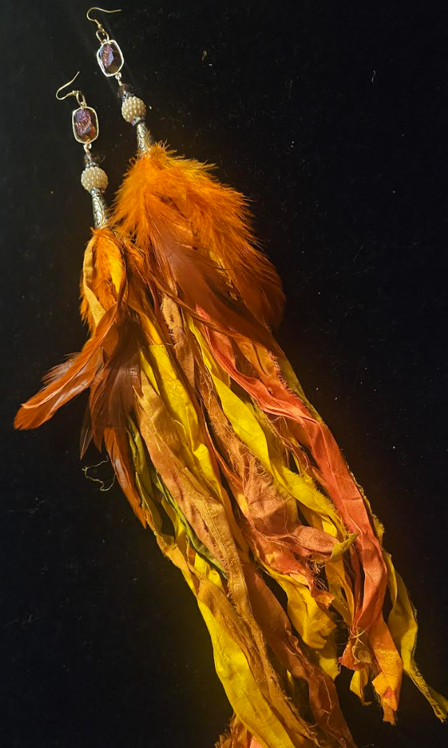 Orange Ombre Sari Silk Ribbon & Feather Pierced Earrings, Distressed Textile Bohemian Ear Candy