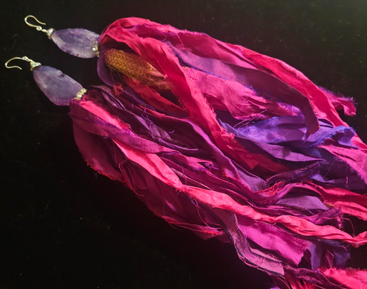 Fuchsia & Purple Sari Silk Ribbon With Agate Pierced Earrings, Sexy Ear Candy for Women,