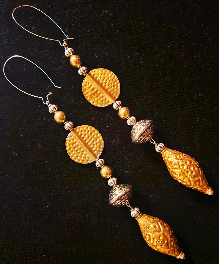 Silver and Gold Tone Tribal Beaded Shoulder Dusters, Exotic Ethnic Chandelier Pierced Earrings