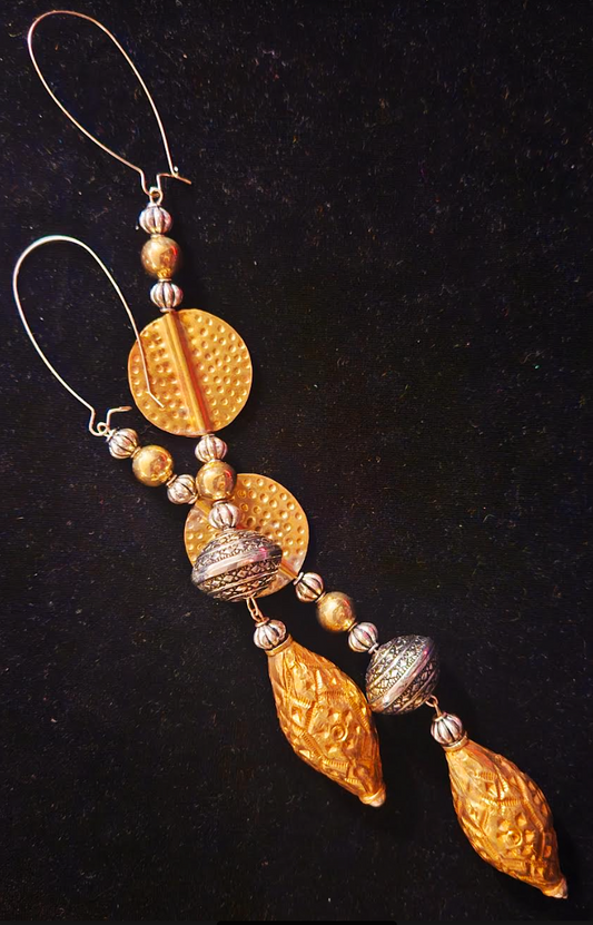 Silver and Gold Tone Tribal Beaded Shoulder Dusters, Exotic Ethnic Chandelier Pierced Earrings