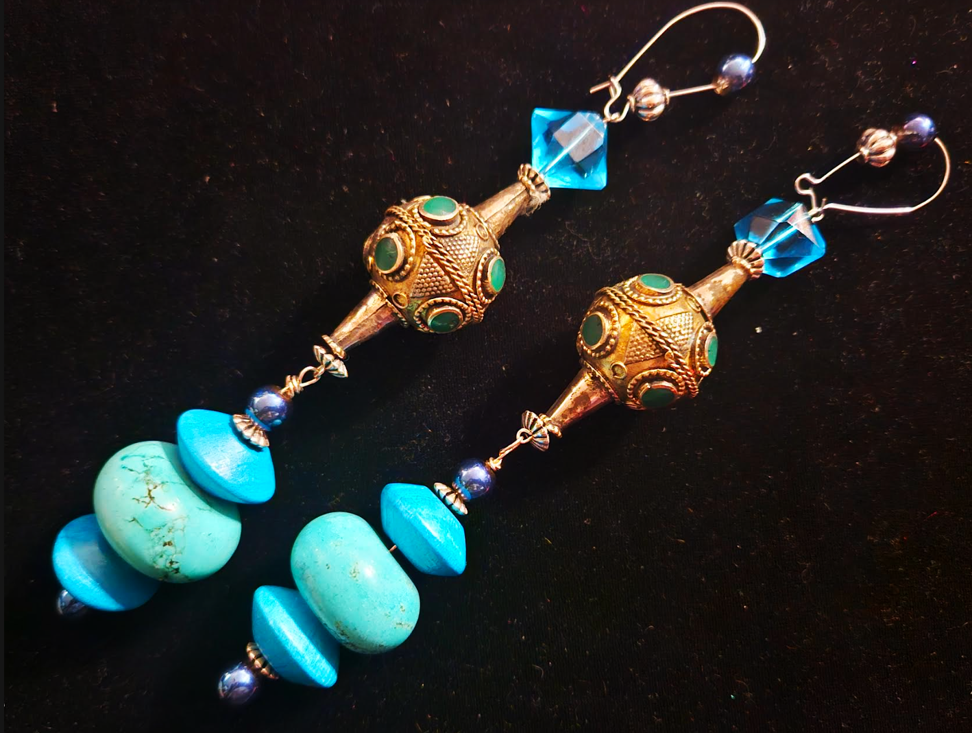 Exotic Ethnic Beaded Shoulder Duster Pierced Earrings, Belly Dancer Ear Candy, Extra Long Blue Green Beaded Dangle Earrings