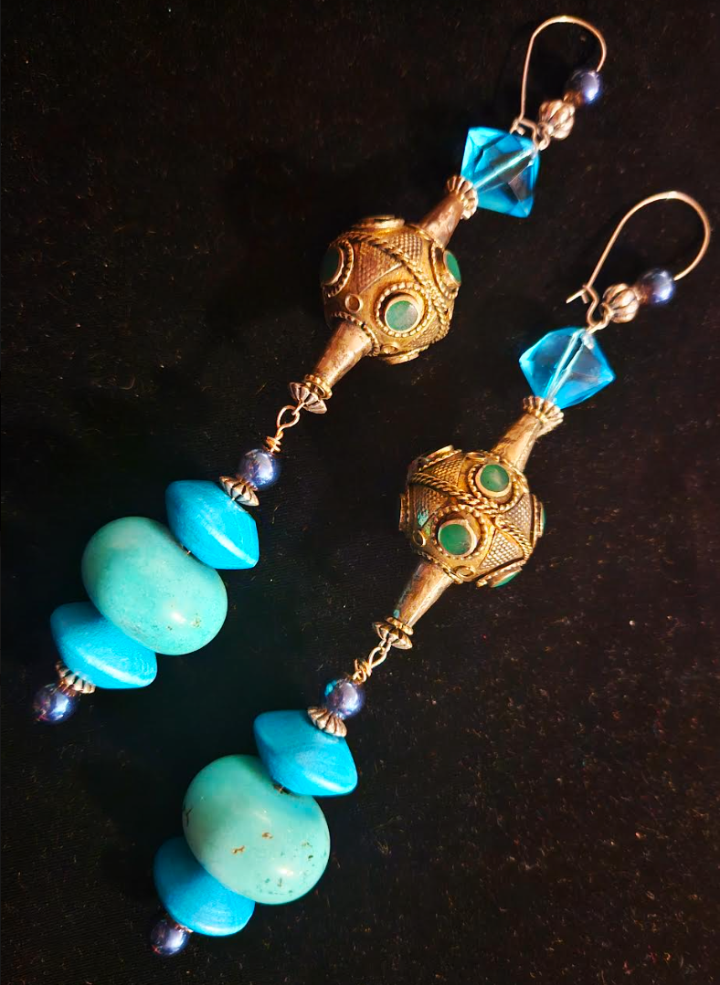 Exotic Ethnic Beaded Shoulder Duster Pierced Earrings, Belly Dancer Ear Candy, Extra Long Blue Green Beaded Dangle Earrings