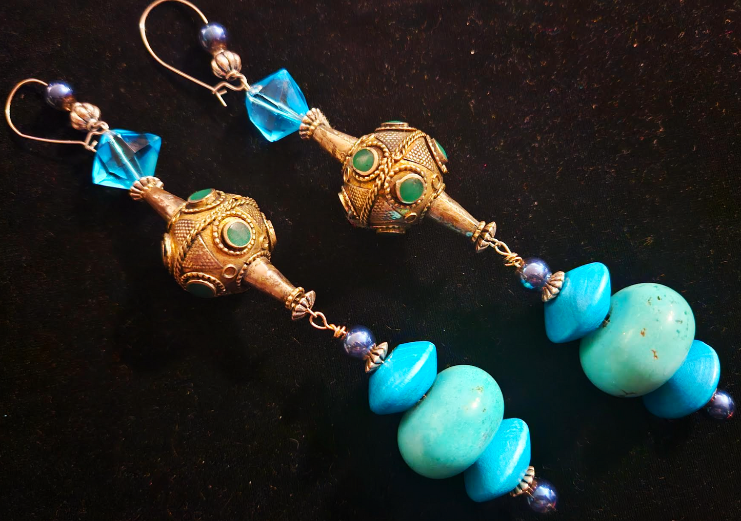 Exotic Ethnic Beaded Shoulder Duster Pierced Earrings, Belly Dancer Ear Candy, Extra Long Blue Green Beaded Dangle Earrings