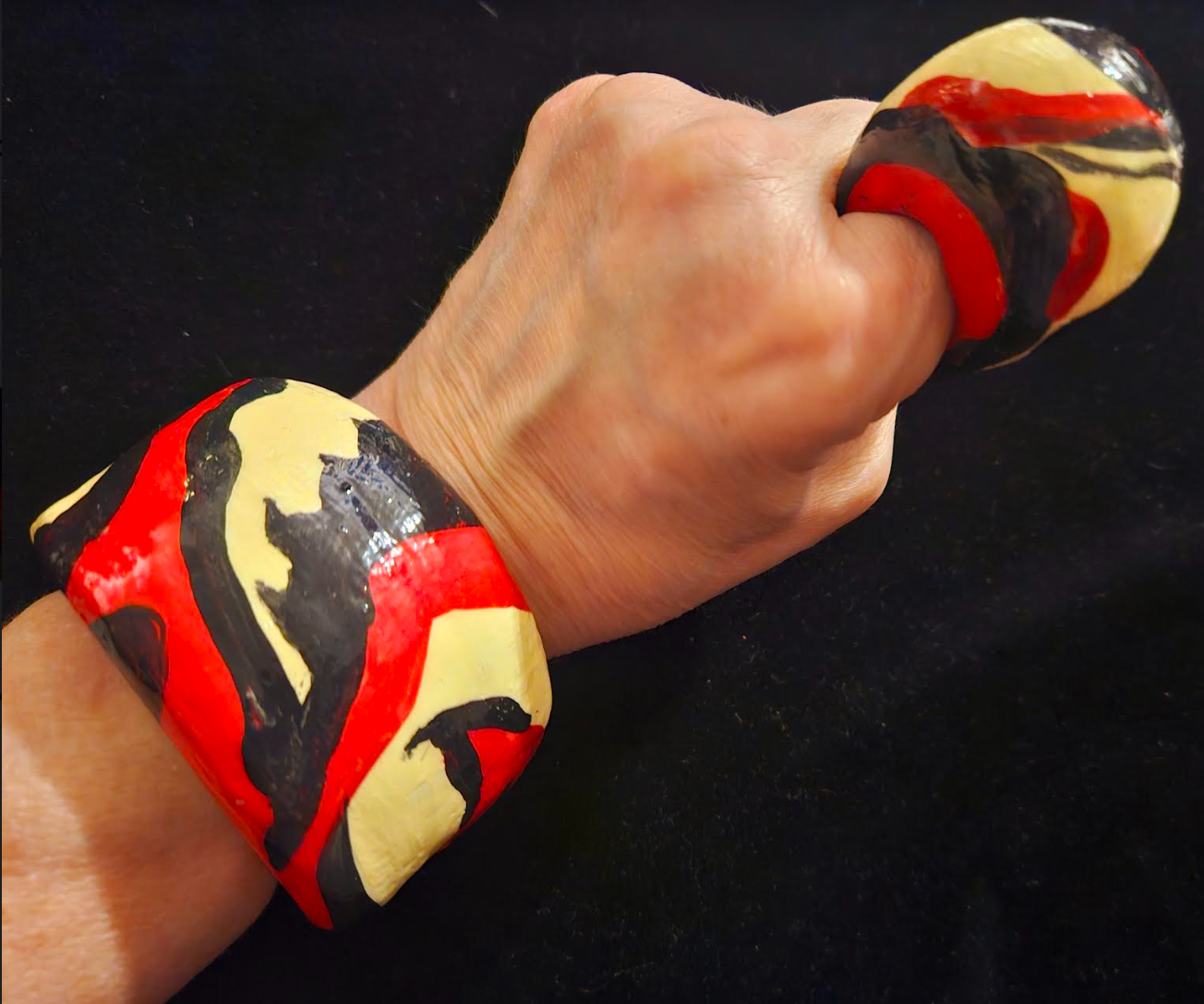 Red Black Gold Sculpted & Hand Painted Artist Bangle, Dramatic Oversized Statement Cuff, Lovers of Bracelets