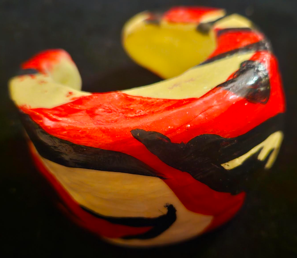 Hand Sculpted Wide Abstract Zebra Print Statement Cuff, Oversized Red Black & Ivory Bangle, Runway Ready Bracelet