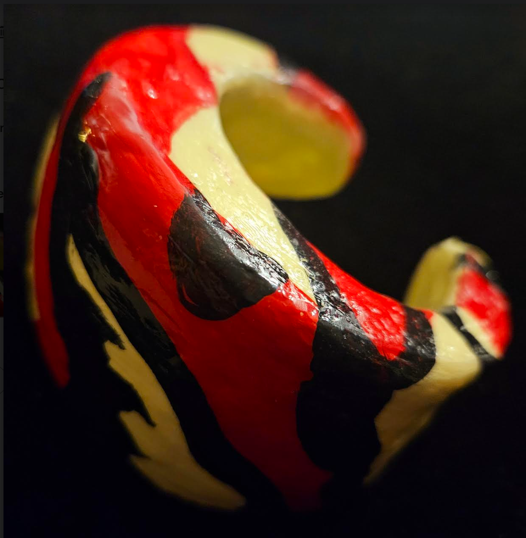 Hand Sculpted Wide Abstract Zebra Print Statement Cuff, Oversized Red Black & Ivory Bangle, Runway Ready Bracelet