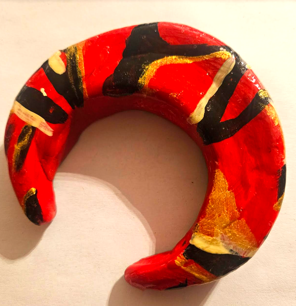 Red Black Gold Sculpted & Hand Painted Artist Bangle, Dramatic Oversized Statement Cuff, Lovers of Bracelets