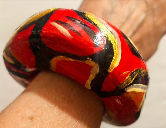 Red Black Gold Sculpted & Hand Painted Artist Bangle, Dramatic Oversized Statement Cuff, Lovers of Bracelets