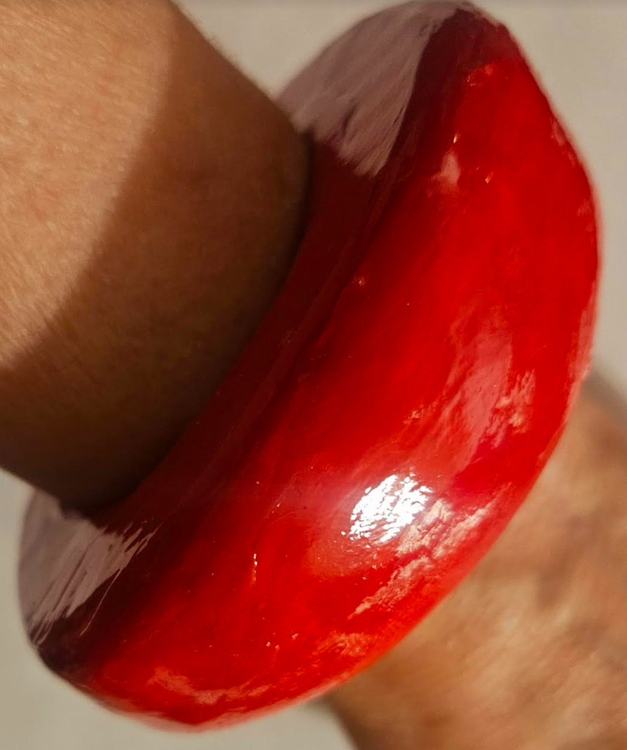 Hand Sculpted Wide Red Lacquer Bangle, Bold Crimson Stackable Statement Cuff, OOAK Artisan Wrist Candy
