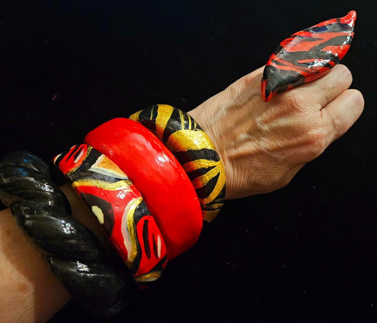 Sculpted Dome Abstract Statement Ring for Women Size 7.5, Funky Artisan Red & Black Zebra Finger Candy