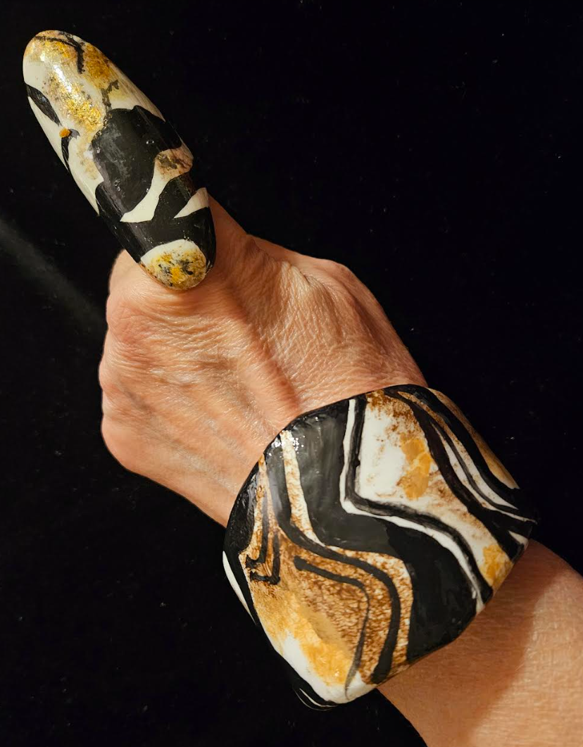 Hand Sculpted Animal Print Oval Statement Ring Women's Size 8, Oversized Abstract Black Brown & White Finger Candy, Exotic African Inspired Safari Cocktail Ring