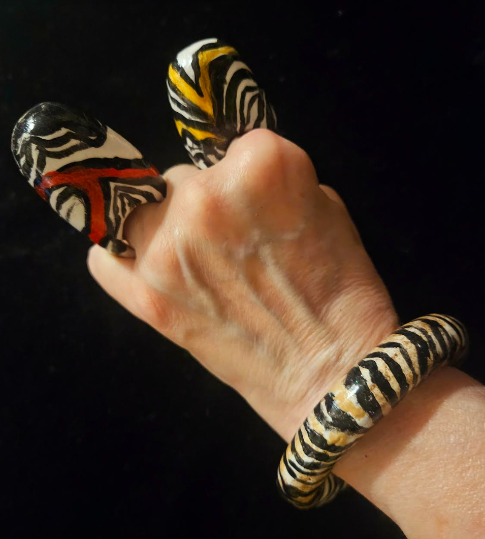 Druid Style Zebra Print Hand Sculpted Statement Cuff, Exotic Animal Print Bangle, OOAK Black White & Red Couture Bracelet