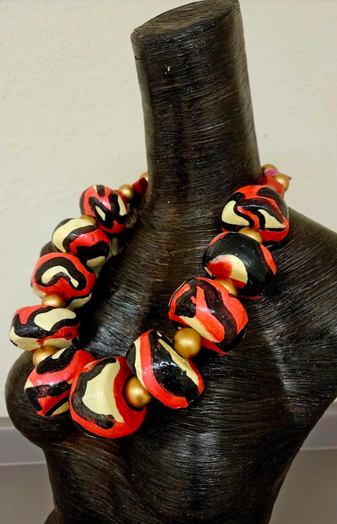 Black Red & Cream Abstract Print Oversized Sculpted Bead Statement Necklace, Op Art Beaded Chest Piece, Bold Chunky Lightweight Bib Necklace