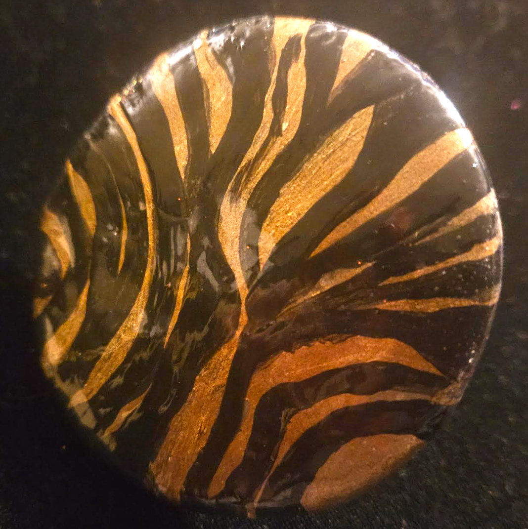 Bronze & Black Zebra Print Oversized Button Statement Ring, Animal Print Cocktail Ring, Avant Garde Jewelry