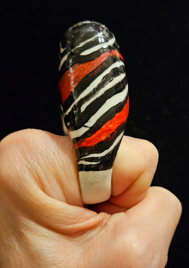 Hand Sculpted Zebra & Red Exaggerated Dome Statement Ring, Avant Garde Animal Print Finger Candy