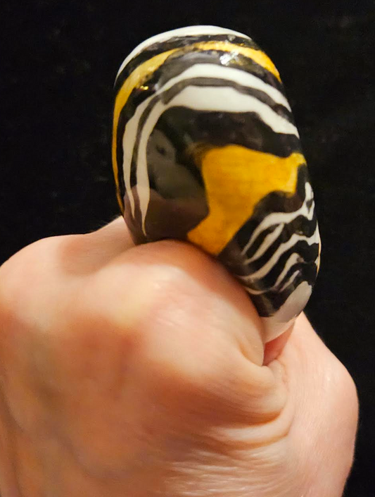 Zebra Pattern Dome Statement Ring -  Black White & Gold Unisex Finger Candy - African Inspired Tribal Cocktail Ring - Kat Kouture Jewelry