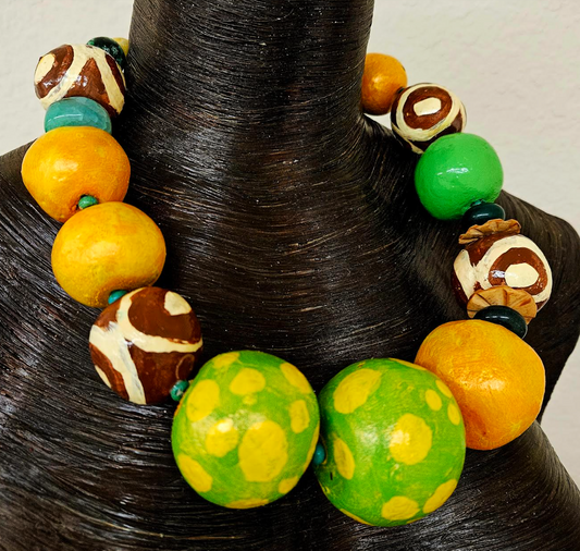 Huge Sculpted Beaded Statement Necklace -  Green Orange & Brown Tribal Inspired Neck Candy - Kat Kouture Jewelry,