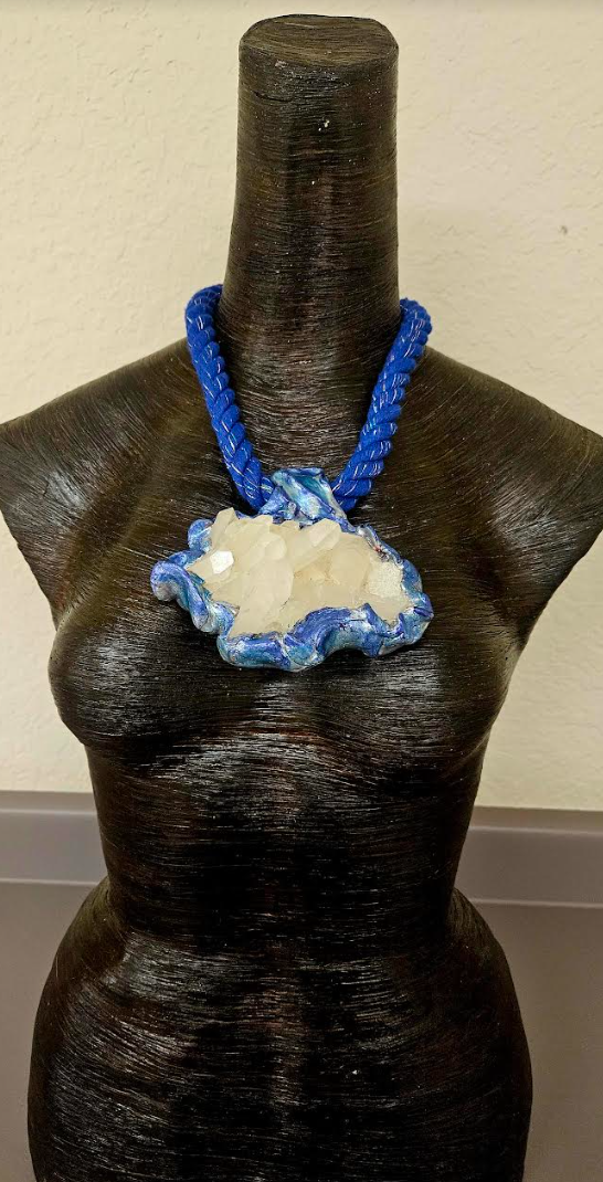 Gemmy White Quartz Sculpted Rope Statement Pendant, Unisex Boho Couture Amulet Chest Piece, Jeans Jewelry