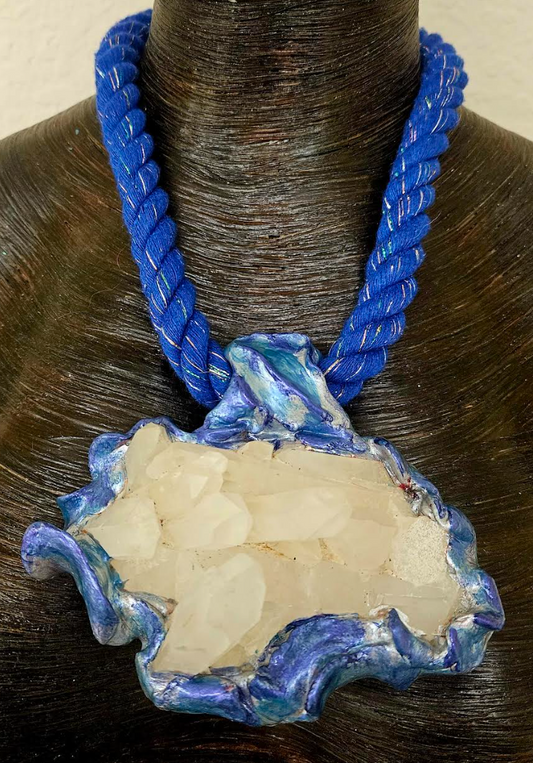 Gemmy White Quartz Sculpted Rope Statement Pendant, Unisex Boho Couture Amulet Chest Piece, Jeans Jewelry