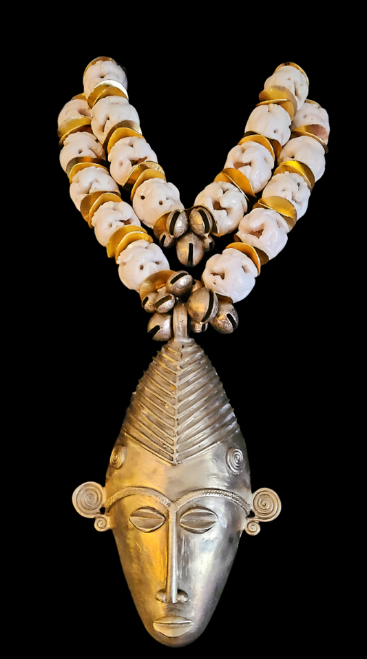 African Lost Wax Brass Mask Oversized Pendant With A Carved Bone Bead Necklace