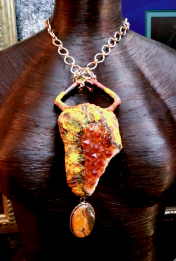 Rough Citrine Sculpted Pendant With Bumblebee Jasper Dangle, Summer Statement Amulet for Women of Color, Yellow & Orange Gemstone Talisman for Unisex