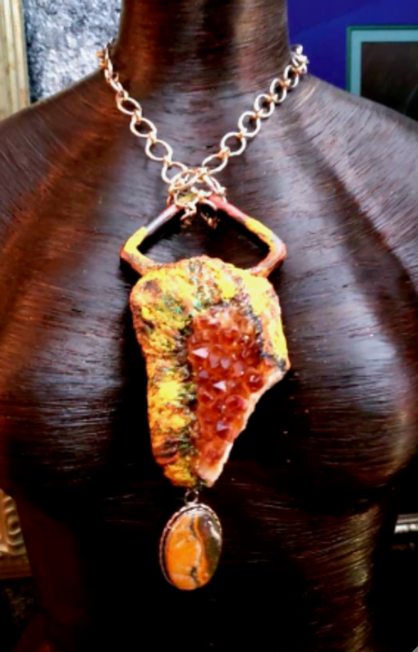 Rough Citrine Sculpted Pendant With Bumblebee Jasper Dangle, Summer Statement Amulet for Women of Color, Yellow & Orange Gemstone Talisman for Unisex