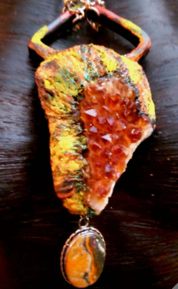 Rough Citrine Sculpted Pendant With Bumblebee Jasper Dangle, Summer Statement Amulet for Women of Color, Yellow & Orange Gemstone Talisman for Unisex