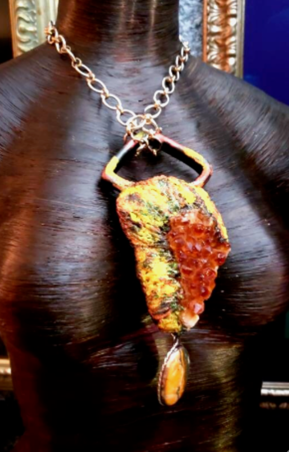 Rough Citrine Sculpted Pendant With Bumblebee Jasper Dangle, Summer Statement Amulet for Women of Color, Yellow & Orange Gemstone Talisman for Unisex