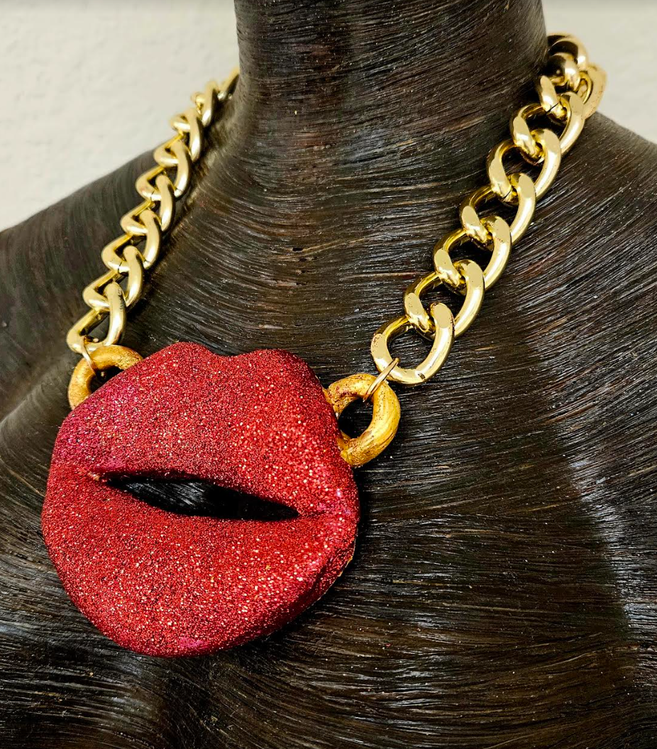 Red Glitter Lips Statement Pendant, Sculpted Kiss Chest Piece, Rolling Stones Logo Amulet, Funky Oversized Mouth Talisman