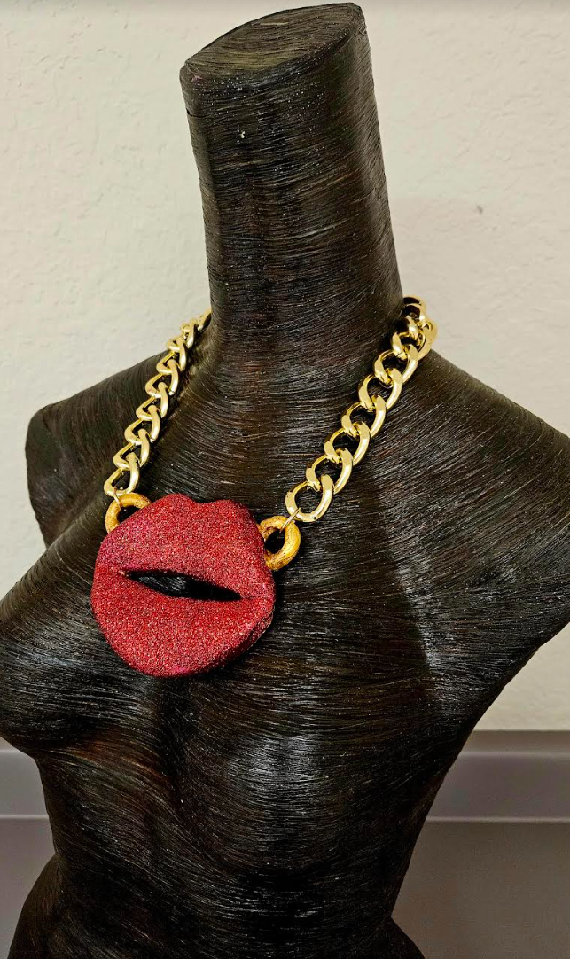 Red Glitter Lips Statement Pendant, Sculpted Kiss Chest Piece, Rolling Stones Logo Amulet, Funky Oversized Mouth Talisman