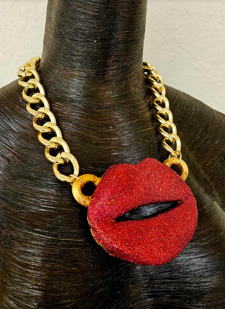 Red Glitter Lips Statement Pendant, Sculpted Kiss Chest Piece, Rolling Stones Logo Amulet, Funky Oversized Mouth Talisman