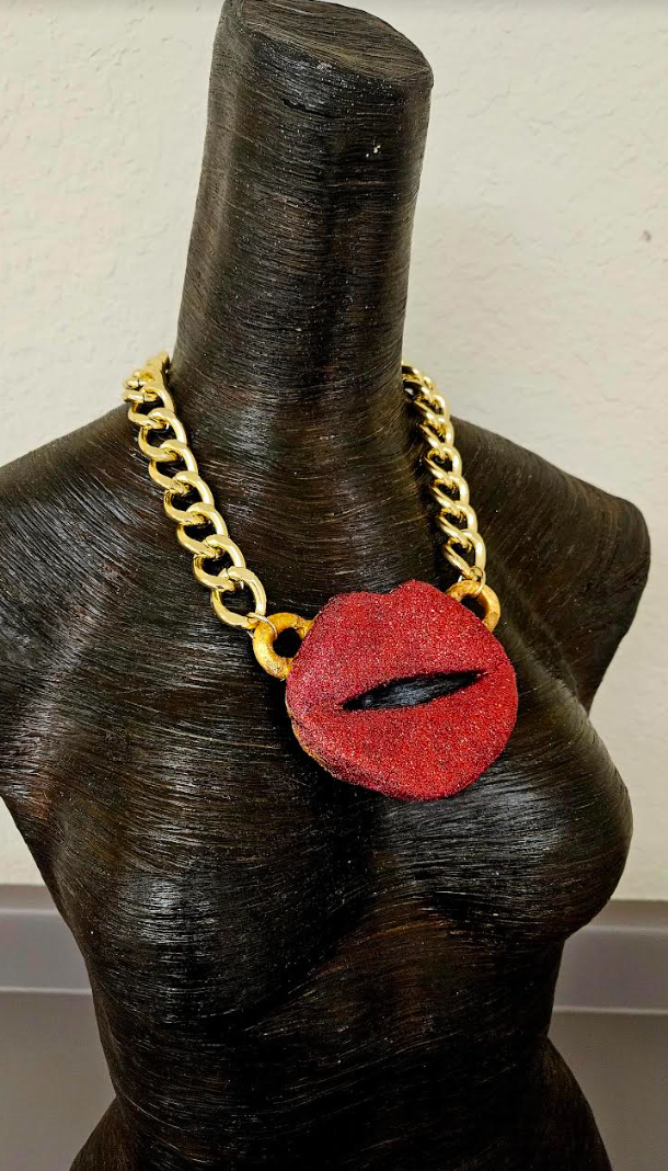 Red Glitter Lips Statement Pendant, Sculpted Kiss Chest Piece, Rolling Stones Logo Amulet, Funky Oversized Mouth Talisman