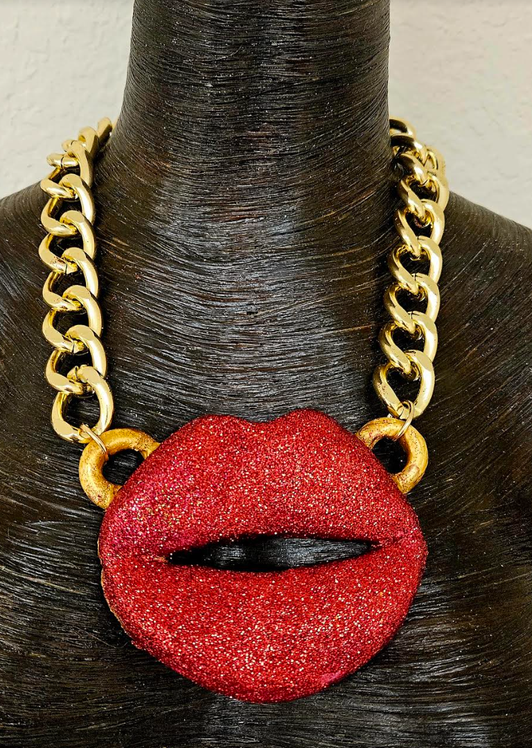 Red Glitter Lips Statement Pendant, Sculpted Kiss Chest Piece, Rolling Stones Logo Amulet, Funky Oversized Mouth Talisman