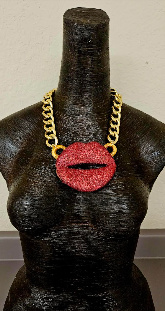 Red Glitter Lips Statement Pendant, Sculpted Kiss Chest Piece, Rolling Stones Logo Amulet, Funky Oversized Mouth Talisman