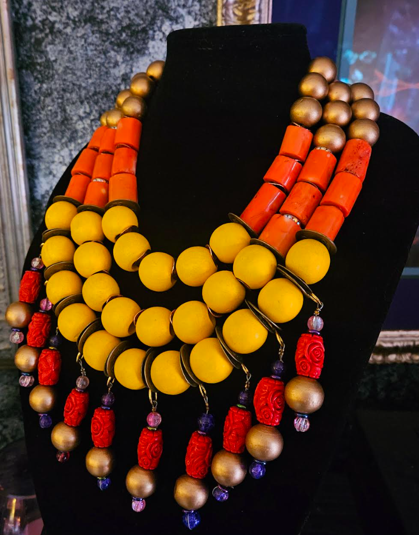 Oversized Exotic OOAK Beaded Chest Piece for Women, Haute Couture Summer Multi Strand Neck Candy, Orange Yellow Red & Gold High End Statement Necklace