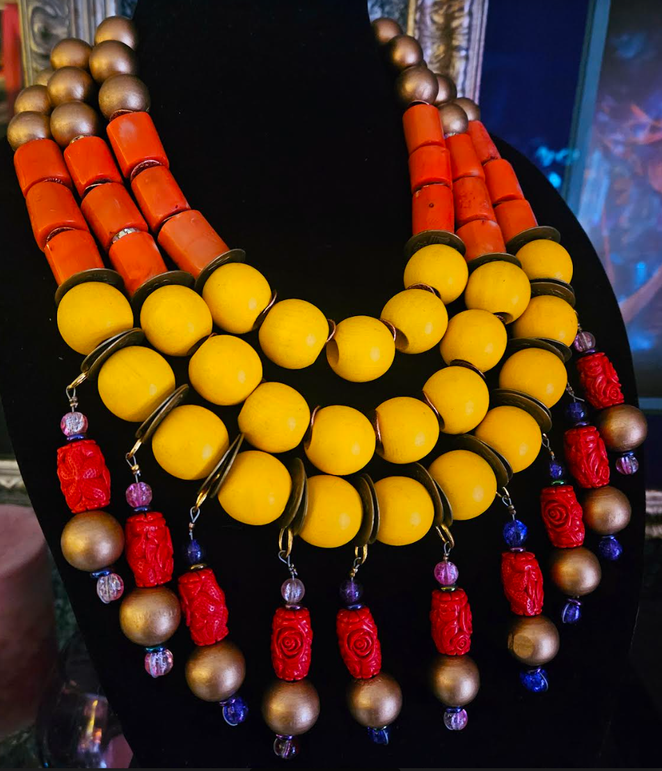 Oversized Exotic OOAK Beaded Chest Piece for Women, Haute Couture Summer Multi Strand Neck Candy, Orange Yellow Red & Gold High End Statement Necklace