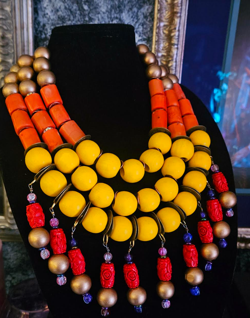 Oversized Exotic OOAK Beaded Chest Piece for Women, Haute Couture Summer Multi Strand Neck Candy, Orange Yellow Red & Gold High End Statement Necklace