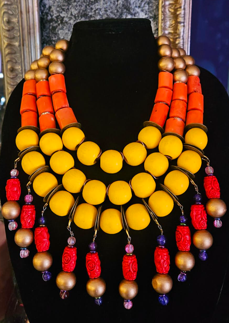 Oversized Exotic OOAK Beaded Chest Piece for Women, Haute Couture Summer Multi Strand Neck Candy, Orange Yellow Red & Gold High End Statement Necklace