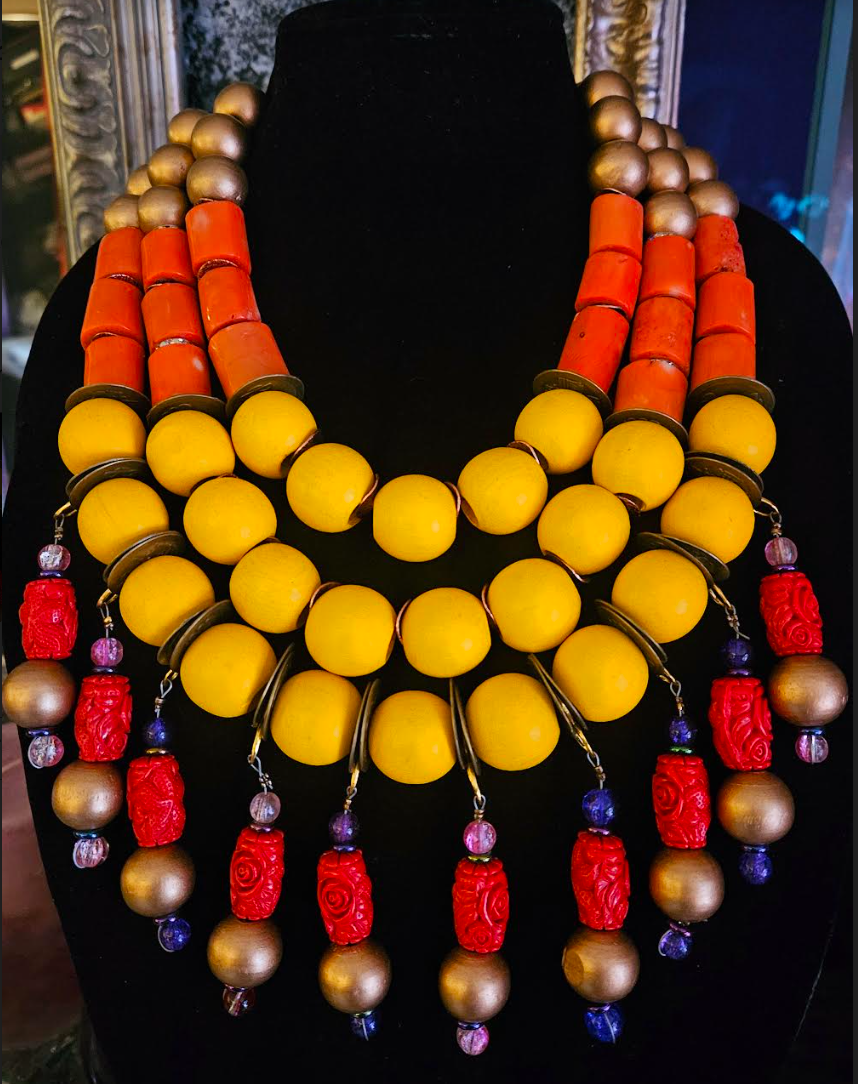 Oversized Exotic OOAK Beaded Chest Piece for Women, Haute Couture Summer Multi Strand Neck Candy, Orange Yellow Red & Gold High End Statement Necklace